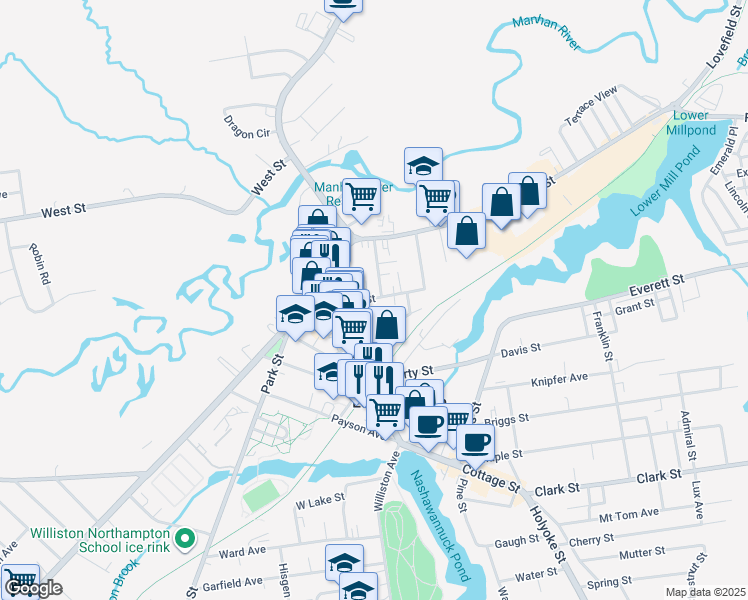 map of restaurants, bars, coffee shops, grocery stores, and more near 1 Campus Lane in Easthampton