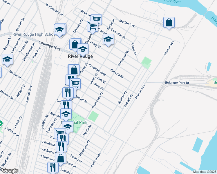 map of restaurants, bars, coffee shops, grocery stores, and more near 112 Oak Street in River Rouge