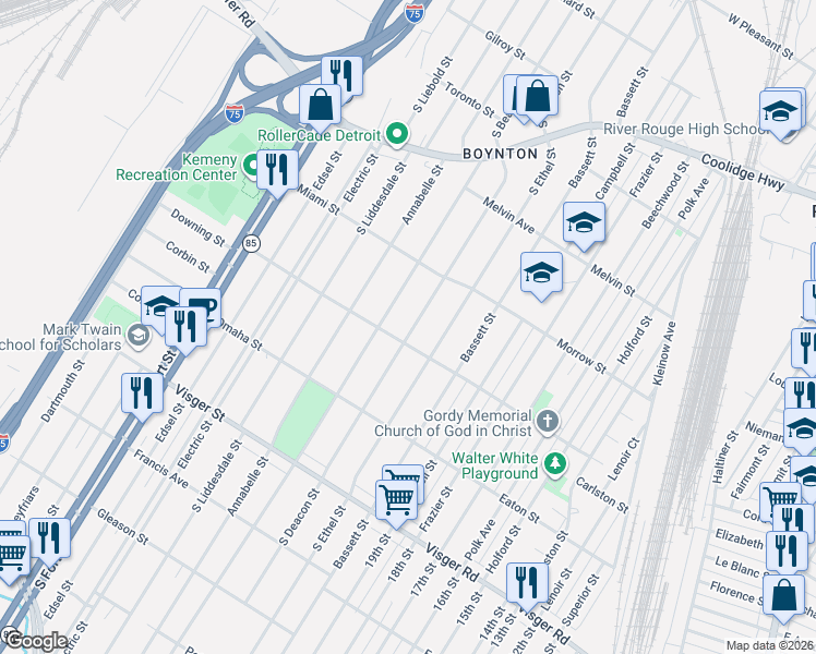 map of restaurants, bars, coffee shops, grocery stores, and more near 2241 South Beatrice Street in Detroit