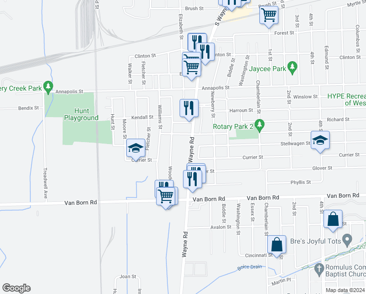 map of restaurants, bars, coffee shops, grocery stores, and more near 5266 South Wayne Road in Wayne