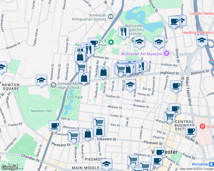 map of restaurants, bars, coffee shops, grocery stores, and more near 78 Sever Street in Worcester