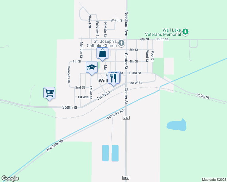 map of restaurants, bars, coffee shops, grocery stores, and more near 205 1st West Street in Wall Lake