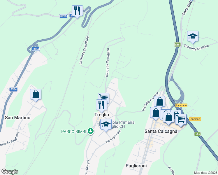 map of restaurants, bars, coffee shops, grocery stores, and more near 82 Via Casinò in Treglio