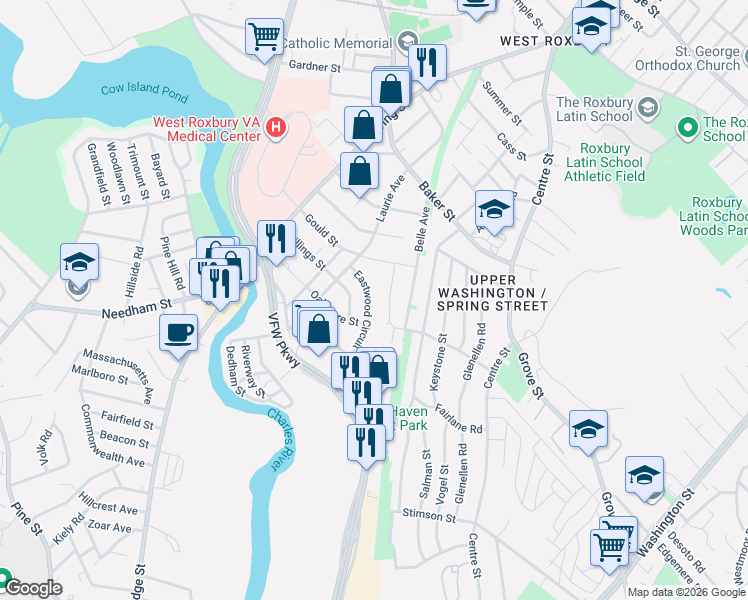map of restaurants, bars, coffee shops, grocery stores, and more near 115 Eastwood Circuit in Boston