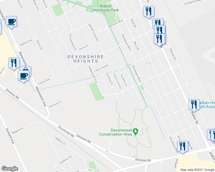 map of restaurants, bars, coffee shops, grocery stores, and more near 3556 Innerkip Crescent in Windsor