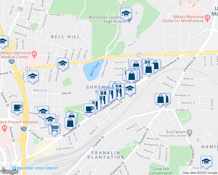 map of restaurants, bars, coffee shops, grocery stores, and more near 51 Chilmark Street in Worcester