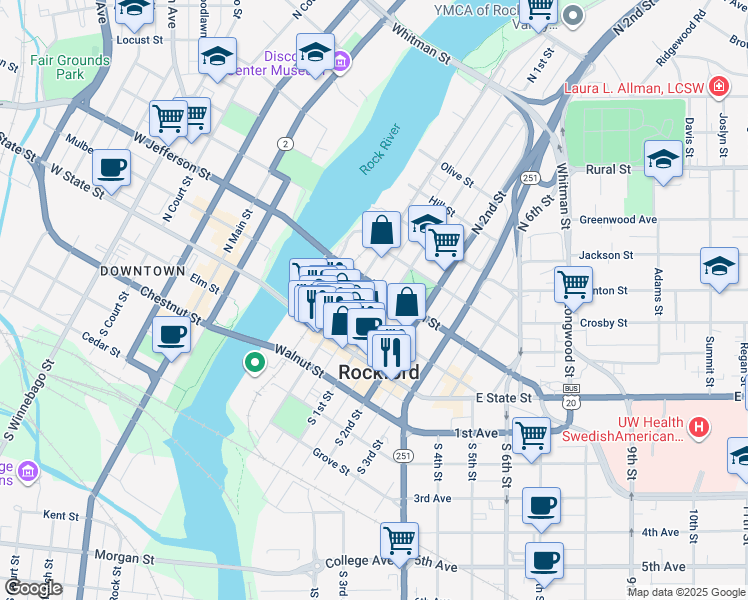 map of restaurants, bars, coffee shops, grocery stores, and more near 200 North 1st Street in Rockford