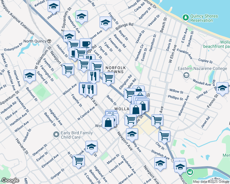 map of restaurants, bars, coffee shops, grocery stores, and more near 553 Hancock St in Quincy