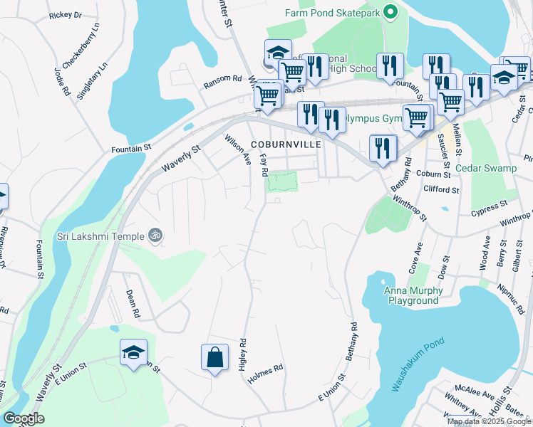 map of restaurants, bars, coffee shops, grocery stores, and more near 96 Fay Road in Framingham
