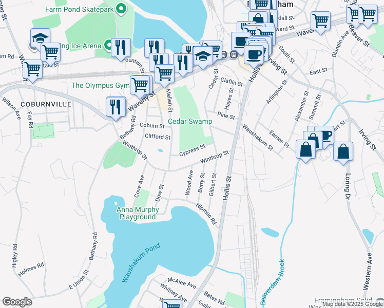 map of restaurants, bars, coffee shops, grocery stores, and more near 39 Cypress Street in Framingham