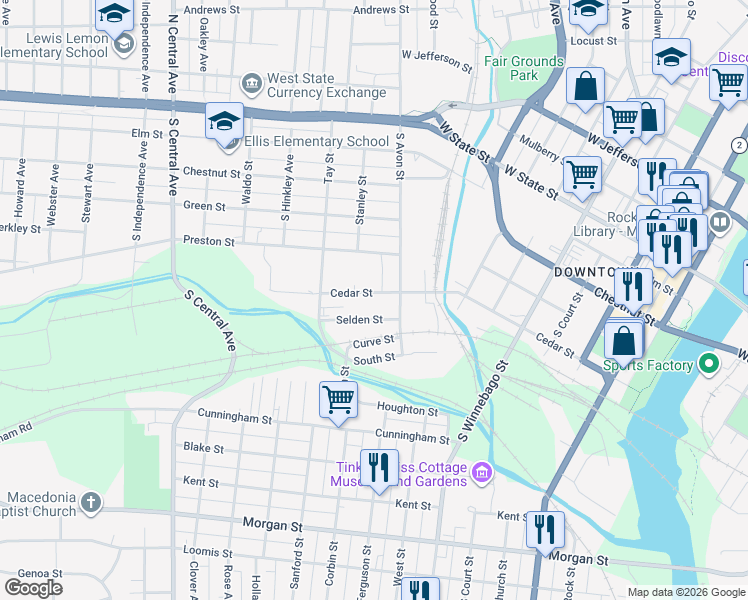 map of restaurants, bars, coffee shops, grocery stores, and more near 1126 Cedar Street in Rockford