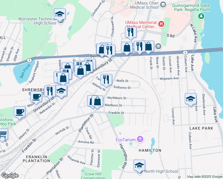 map of restaurants, bars, coffee shops, grocery stores, and more near 312 Plantation Street in Worcester