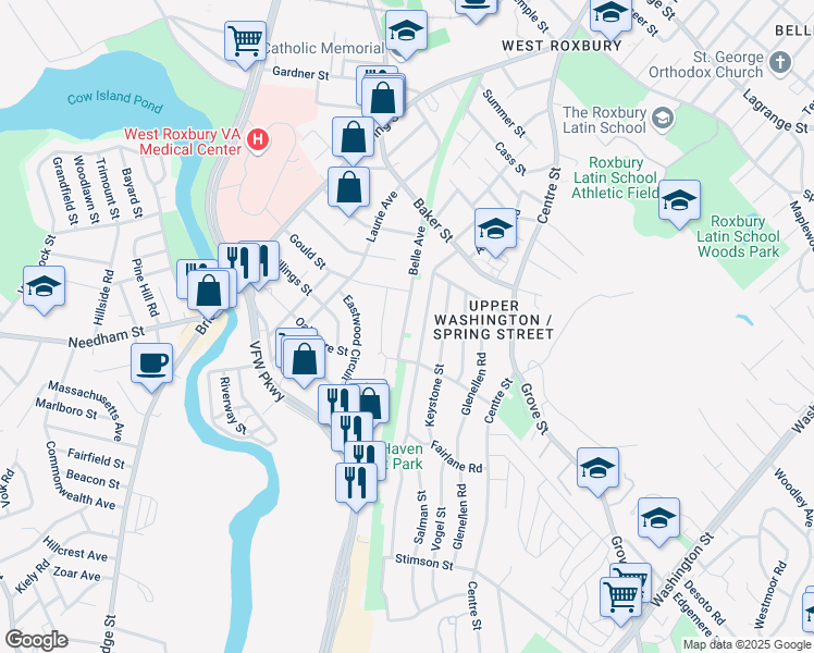 map of restaurants, bars, coffee shops, grocery stores, and more near 90 Belle Avenue in Boston