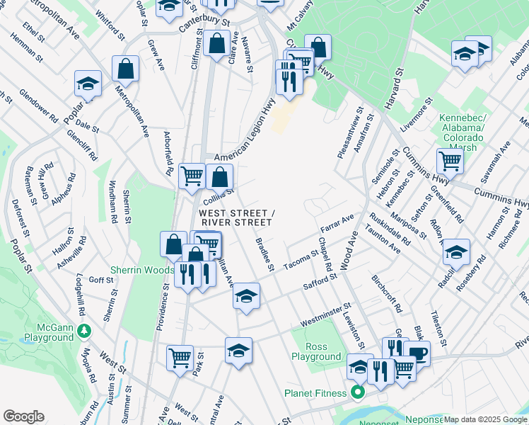 map of restaurants, bars, coffee shops, grocery stores, and more near 22 Bradlee Court in Boston
