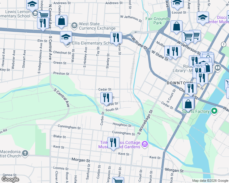 map of restaurants, bars, coffee shops, grocery stores, and more near 1126 Cedar Street in Rockford