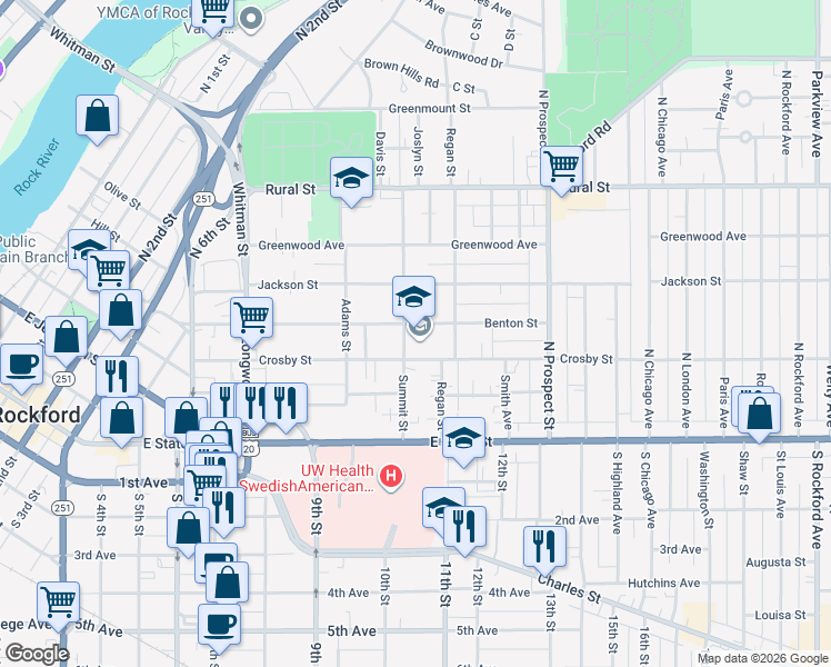 map of restaurants, bars, coffee shops, grocery stores, and more near 315 Summit Street in Rockford