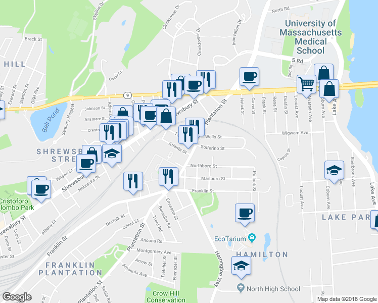 map of restaurants, bars, coffee shops, grocery stores, and more near 305 Plantation Street in Worcester