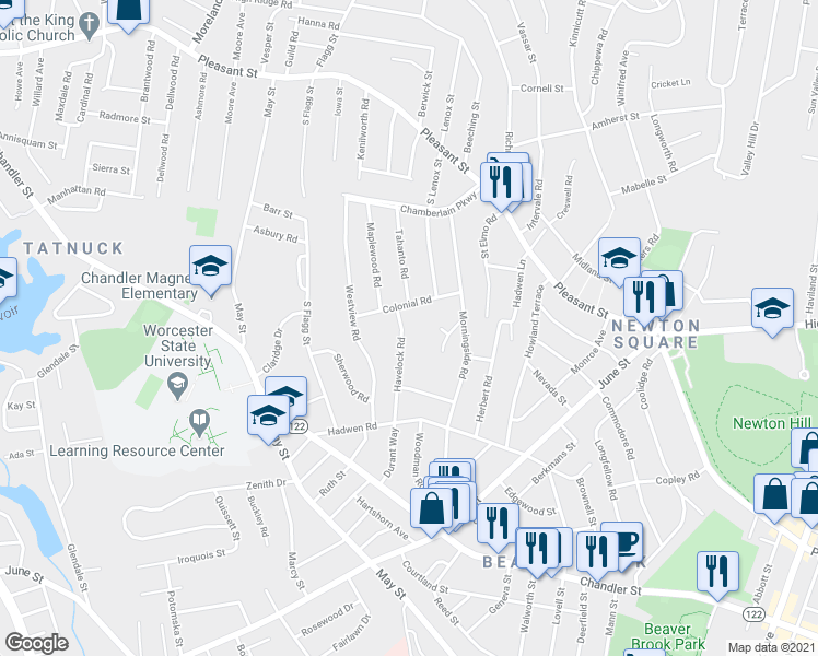 map of restaurants, bars, coffee shops, grocery stores, and more near 58 Havelock Road in Worcester
