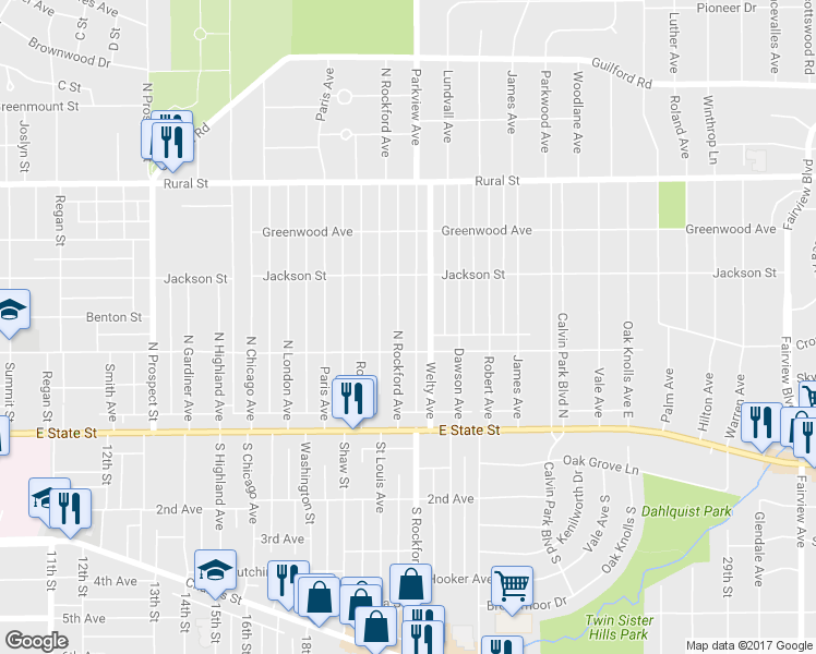 map of restaurants, bars, coffee shops, grocery stores, and more near 319 North Rockford Avenue in Rockford