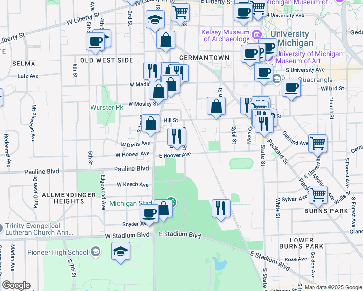 map of restaurants, bars, coffee shops, grocery stores, and more near 908 Greene Street in Ann Arbor