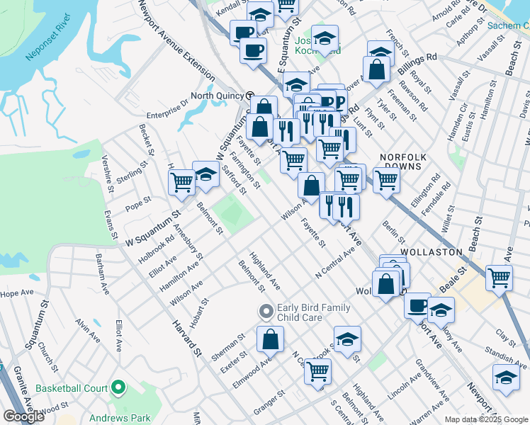 map of restaurants, bars, coffee shops, grocery stores, and more near 111 Farrington Street in Quincy