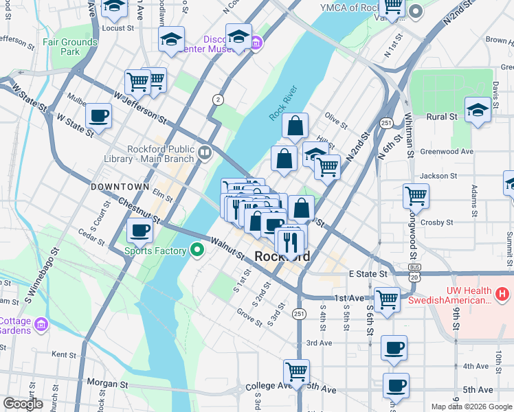 map of restaurants, bars, coffee shops, grocery stores, and more near 202 North Madison Street in Rockford