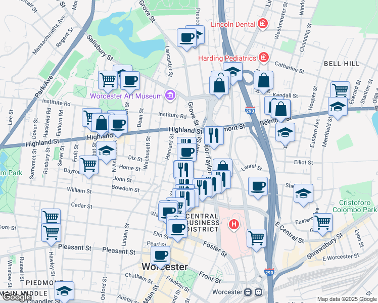 map of restaurants, bars, coffee shops, grocery stores, and more near 98 Main Street in Worcester