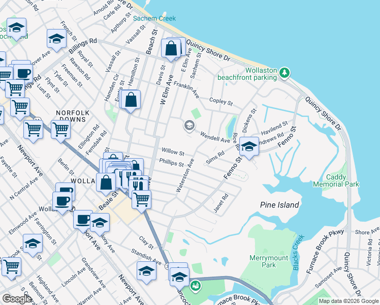 map of restaurants, bars, coffee shops, grocery stores, and more near 125 Waterston Avenue in Quincy