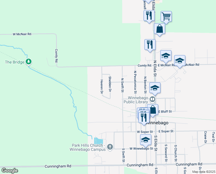 map of restaurants, bars, coffee shops, grocery stores, and more near 310 Shelden Drive in Winnebago