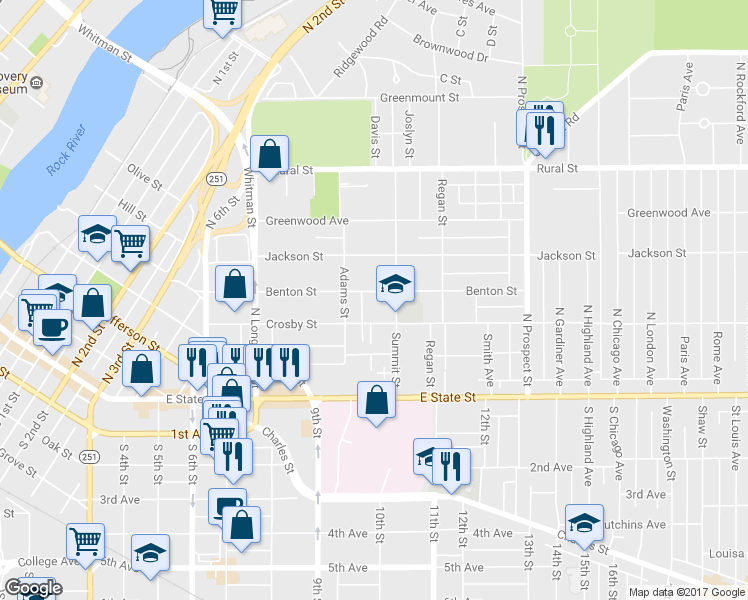 map of restaurants, bars, coffee shops, grocery stores, and more near 1325 Benton Street in Rockford