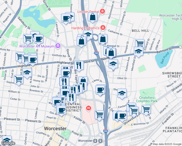 map of restaurants, bars, coffee shops, grocery stores, and more near 20 Everett Gaylord Boulevard in Worcester