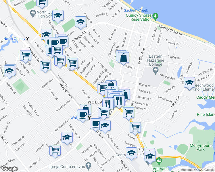 map of restaurants, bars, coffee shops, grocery stores, and more near 34 Willet Street in Quincy