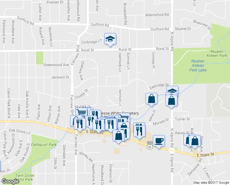 map of restaurants, bars, coffee shops, grocery stores, and more near 3808 Hemlock Court in Rockford