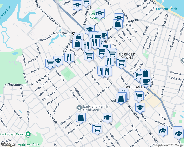 map of restaurants, bars, coffee shops, grocery stores, and more near 138 Fayette St in Quincy