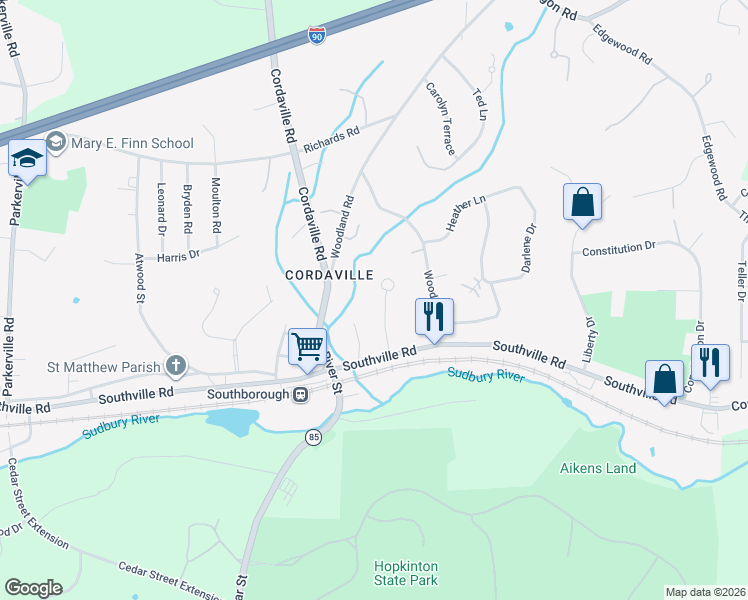 map of restaurants, bars, coffee shops, grocery stores, and more near 6 Blendon Woods Drive in Southborough