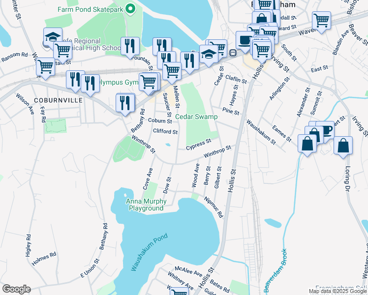 map of restaurants, bars, coffee shops, grocery stores, and more near 14 Cypress Street in Framingham