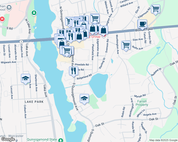 map of restaurants, bars, coffee shops, grocery stores, and more near 32 Villa Road in Shrewsbury