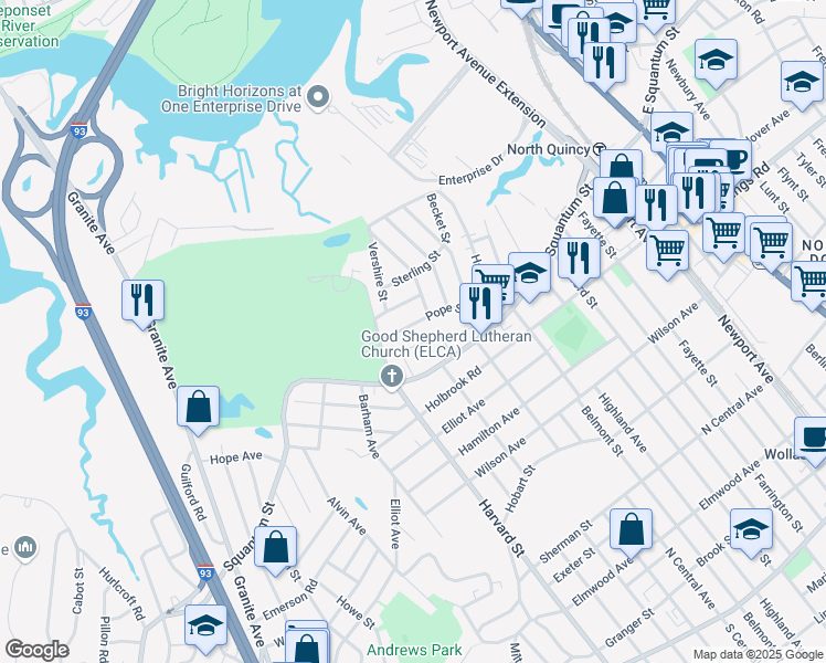 map of restaurants, bars, coffee shops, grocery stores, and more near 56 Pope Street in Quincy