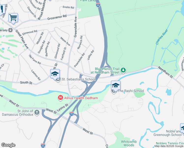 map of restaurants, bars, coffee shops, grocery stores, and more near 242 Valley Road in Needham