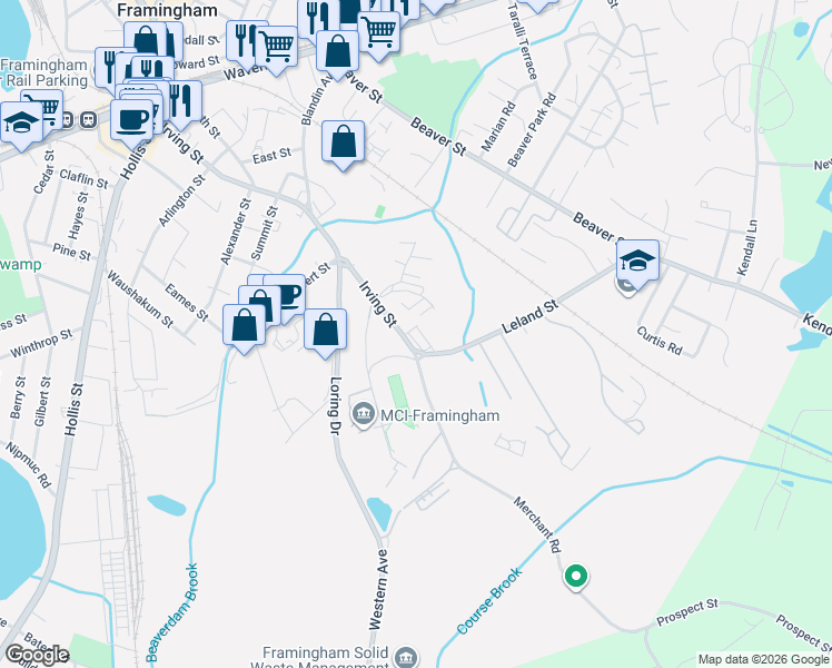 map of restaurants, bars, coffee shops, grocery stores, and more near 364 Irving Street in Framingham