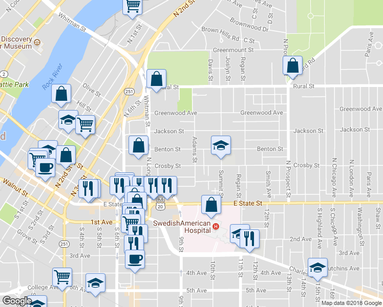 map of restaurants, bars, coffee shops, grocery stores, and more near 324 Adams Street in Rockford