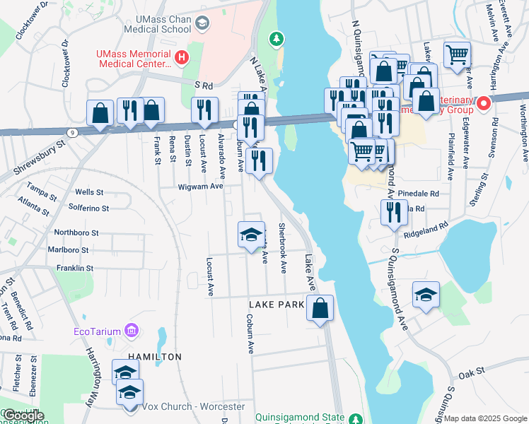 map of restaurants, bars, coffee shops, grocery stores, and more near 5A Agate Avenue in Worcester