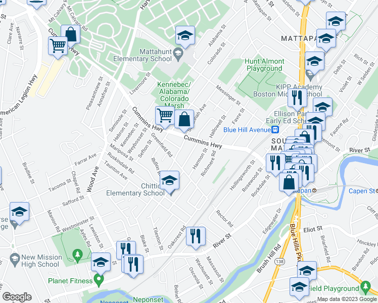 map of restaurants, bars, coffee shops, grocery stores, and more near 23 Rockingham Road in Boston