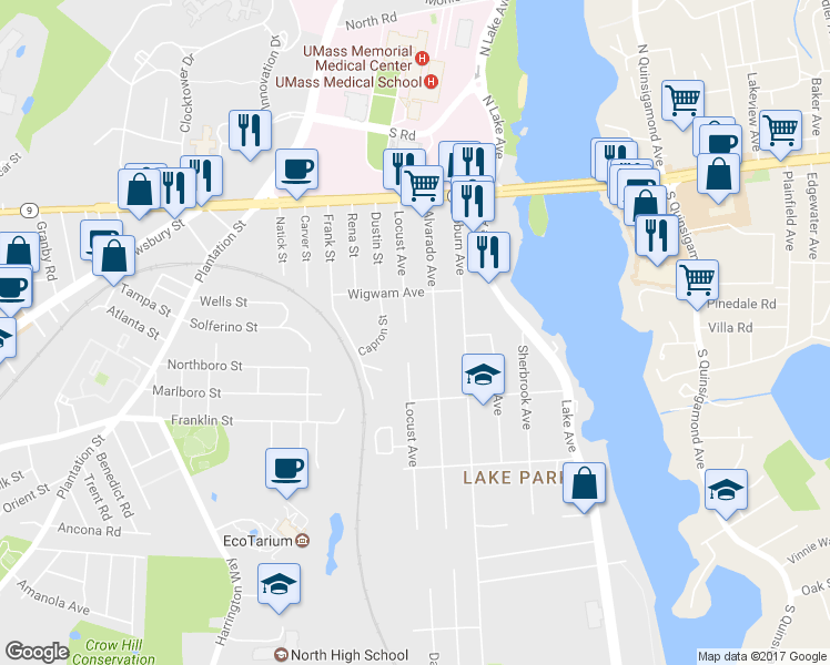 map of restaurants, bars, coffee shops, grocery stores, and more near 41 Locust Avenue in Worcester