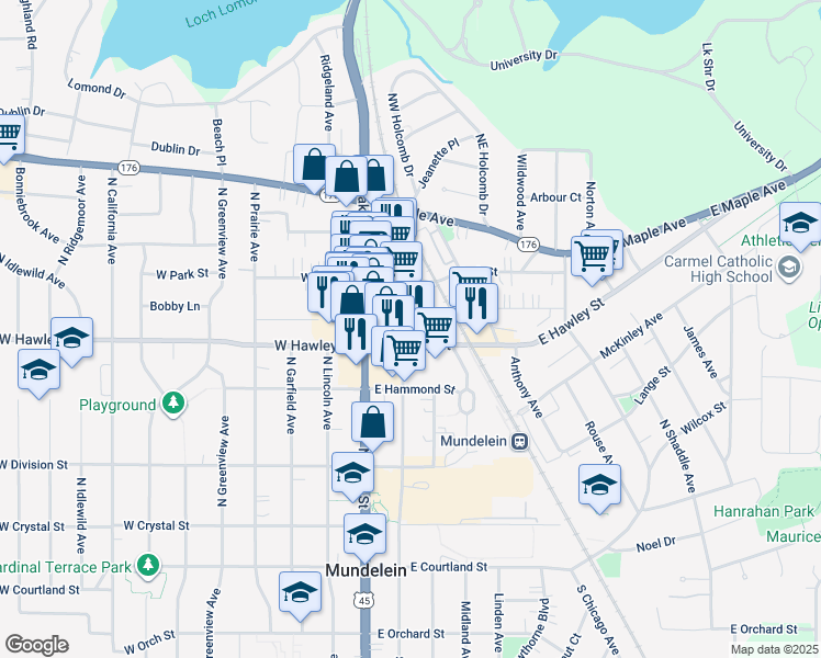 map of restaurants, bars, coffee shops, grocery stores, and more near 411 North Seymour Avenue in Mundelein
