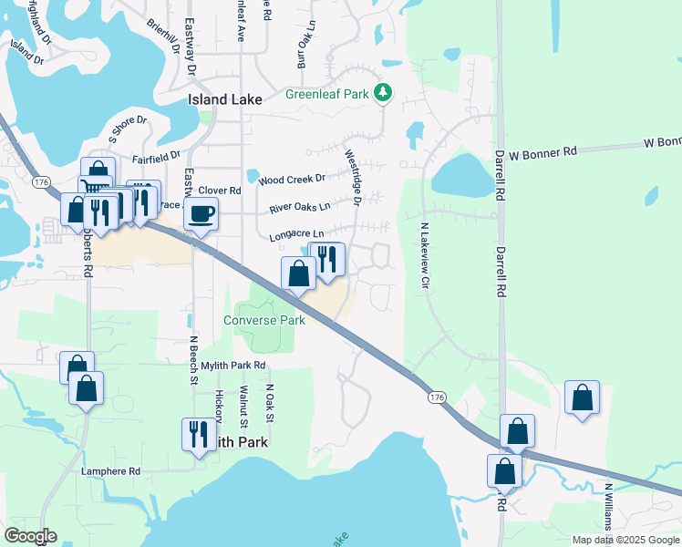 map of restaurants, bars, coffee shops, grocery stores, and more near 4107 Westridge Drive in Island Lake