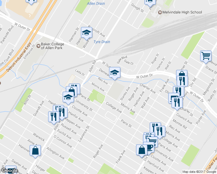 map of restaurants, bars, coffee shops, grocery stores, and more near 15105 Reo Avenue in Allen Park