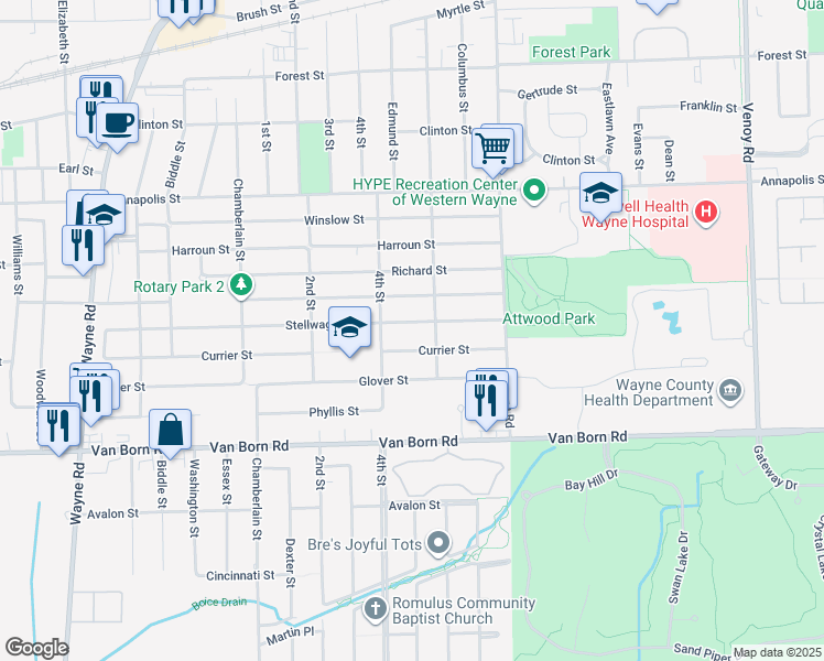 map of restaurants, bars, coffee shops, grocery stores, and more near 34265 Stellwagen St in Wayne