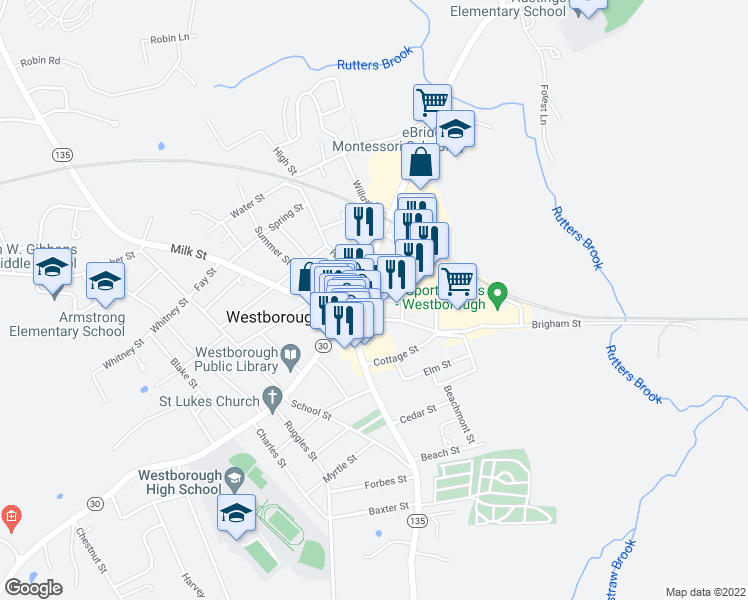 map of restaurants, bars, coffee shops, grocery stores, and more near 19 Union Street in Westborough