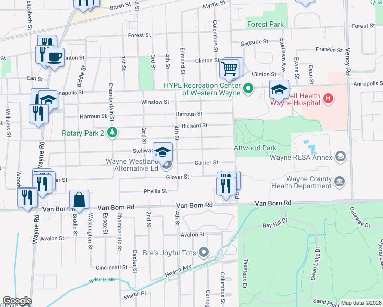 map of restaurants, bars, coffee shops, grocery stores, and more near 34265 Stellwagen Street in Wayne